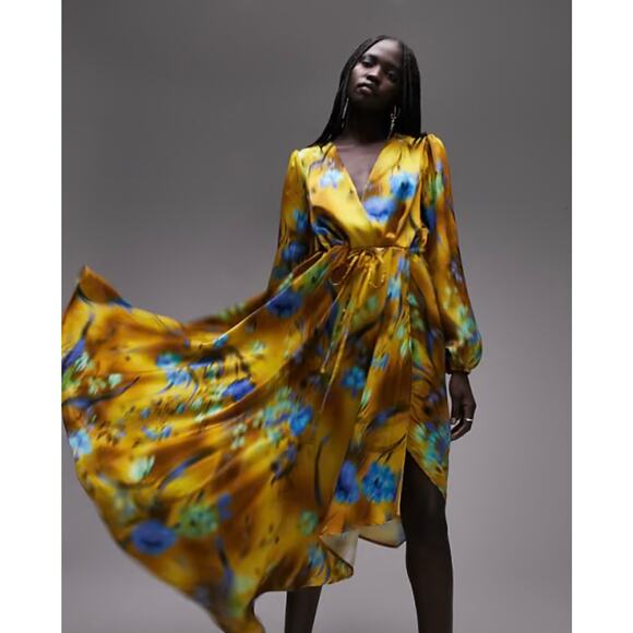 Topshop Dresses & Skirts - TOPSHOP Blurred Floral Waterfall Hem Wrap Midi Occasion Dress in Green and Blue